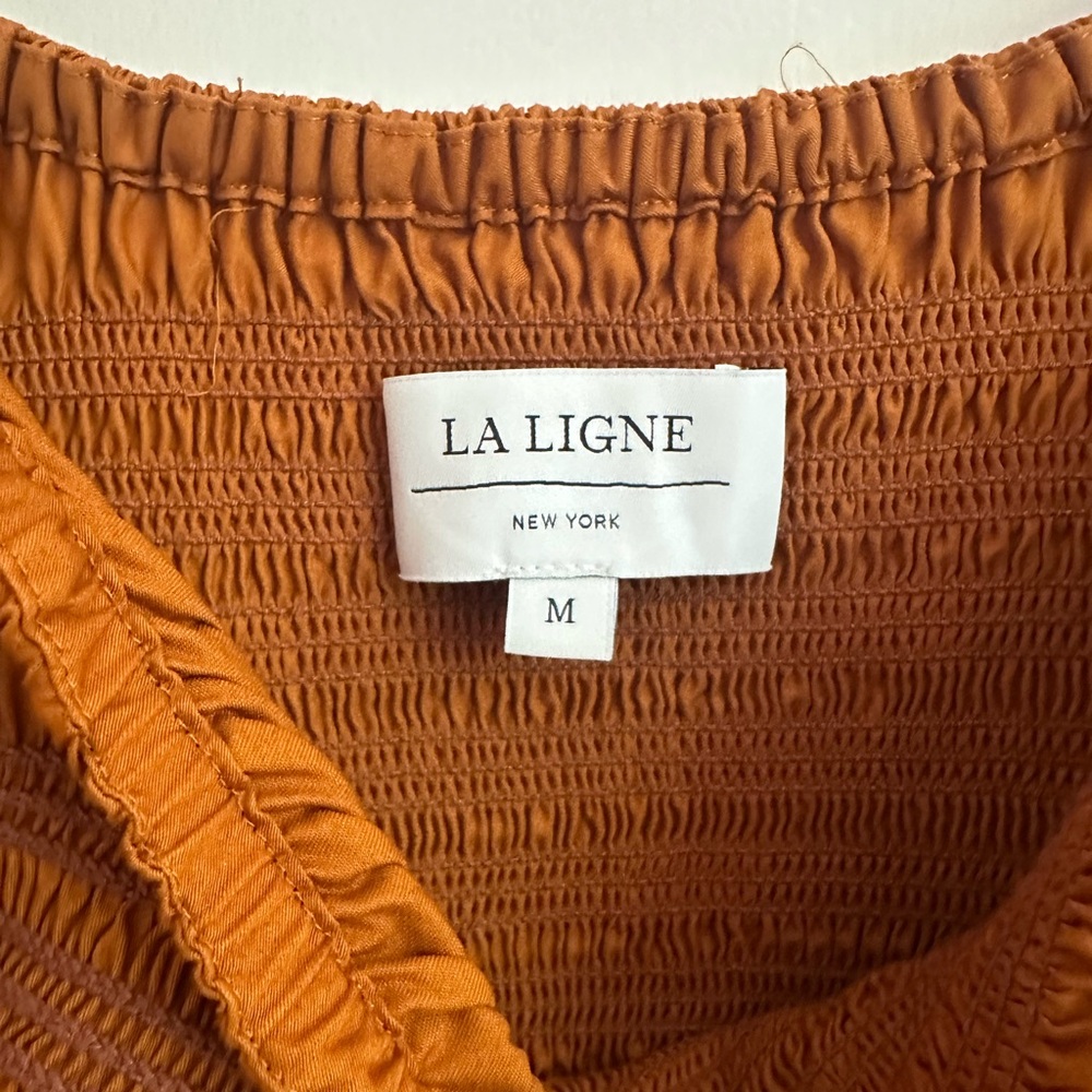 La Ligne Daisy Puff Sleeve Smocked Bodice Poplin Midi Dress In Burnt Orange - Picture 3 of 6